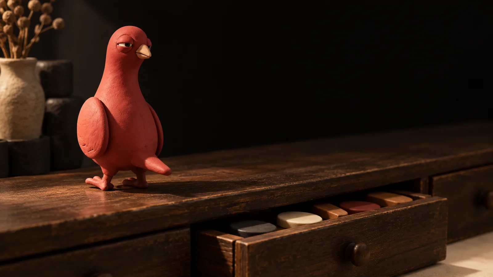 Pingo, the terracotta-red clay pigeon, walks along a dark wooden cabinet above an open drawer of plain clay tokens.