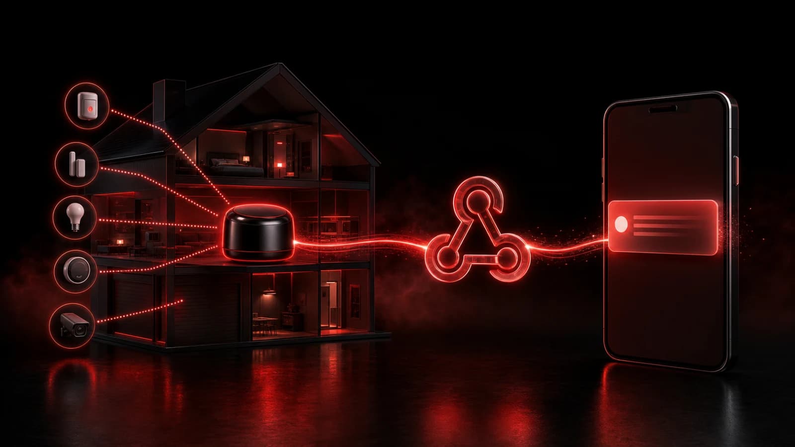 A home automation hub routing red event lines into a household phone group.