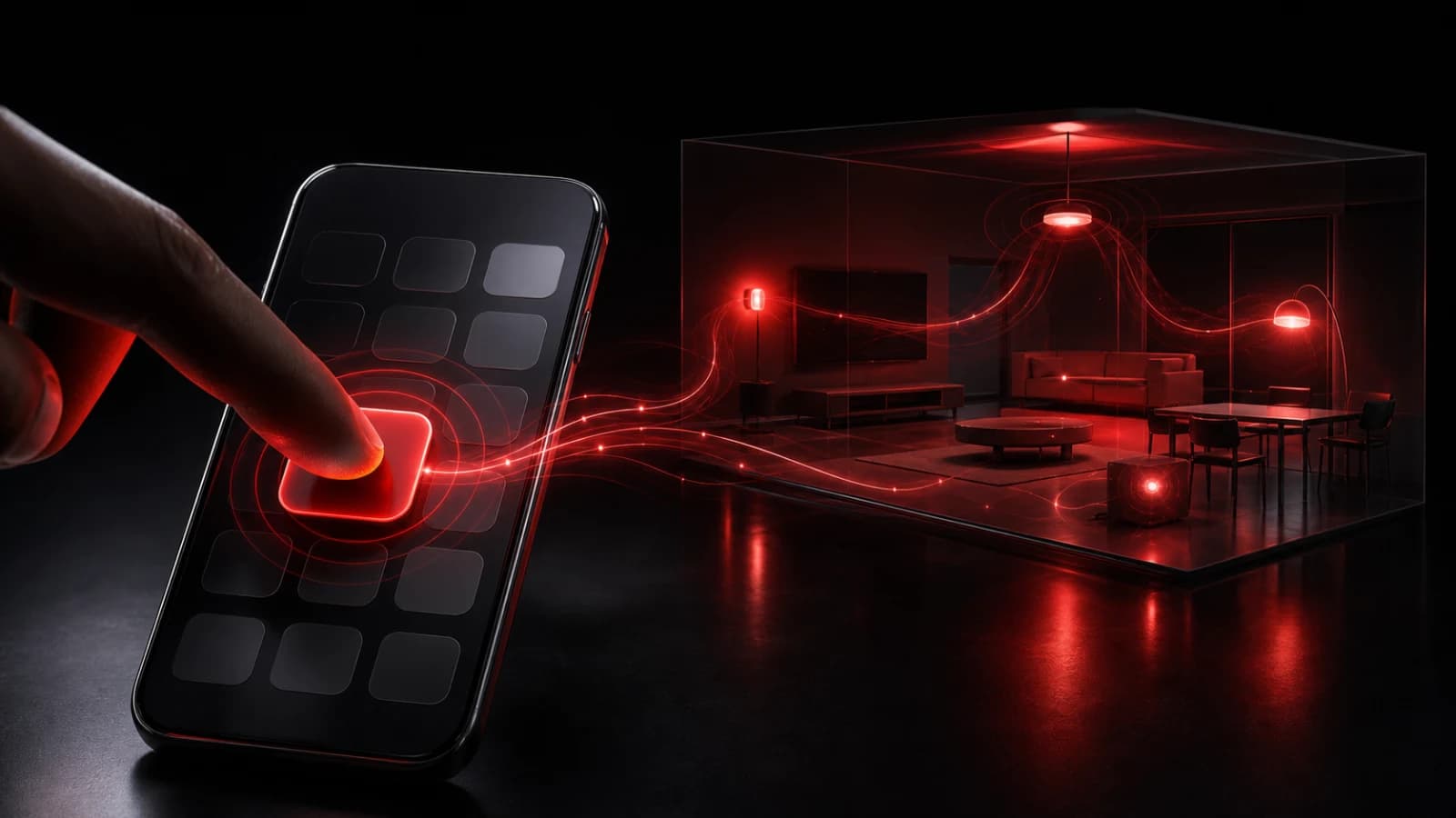 A dark phone home screen with one tactile red widget control glowing.