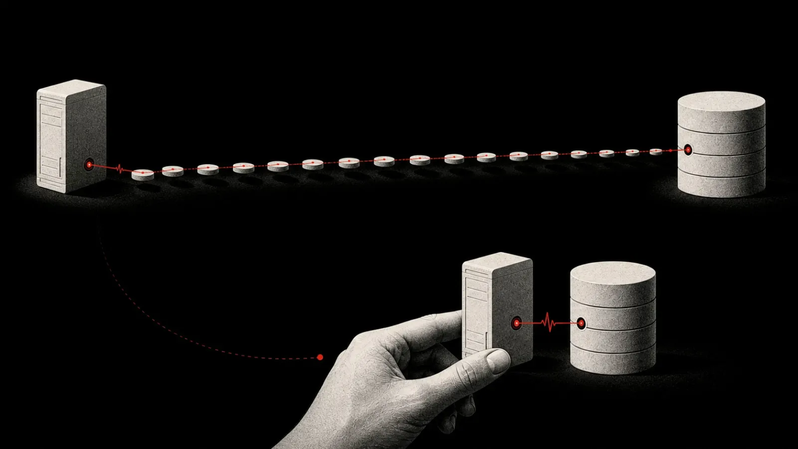 Sixty-five small network hops collapse into one short Signal Red path between two nearby servers.