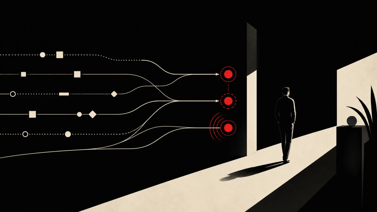 A person walks through a calm dark workspace while several agent workstreams converge into three precise red signals.