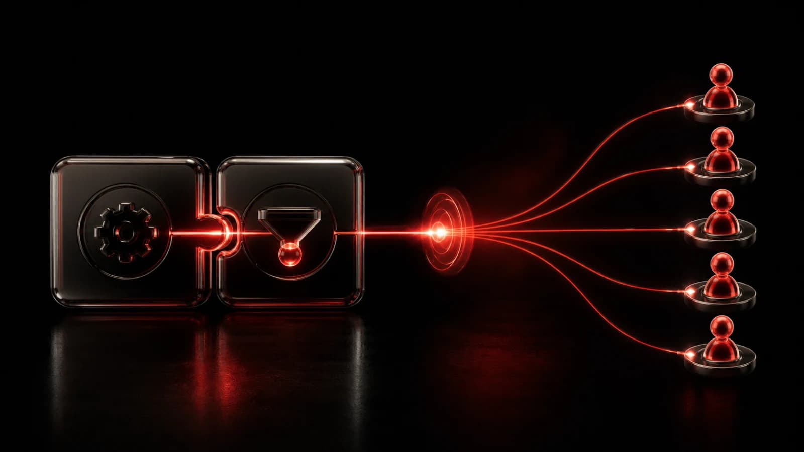 Modular automation blocks snapping into a red group-notification output.