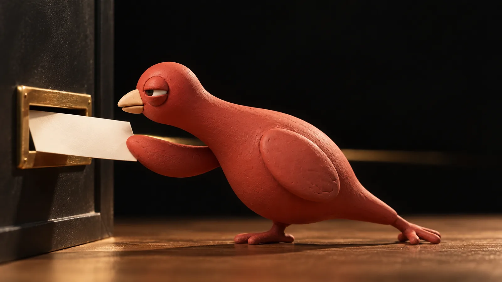 Pingo, the terracotta-red clay pigeon, stretches forward in side profile to push a blank ivory invitation into a brass dispatch slot.