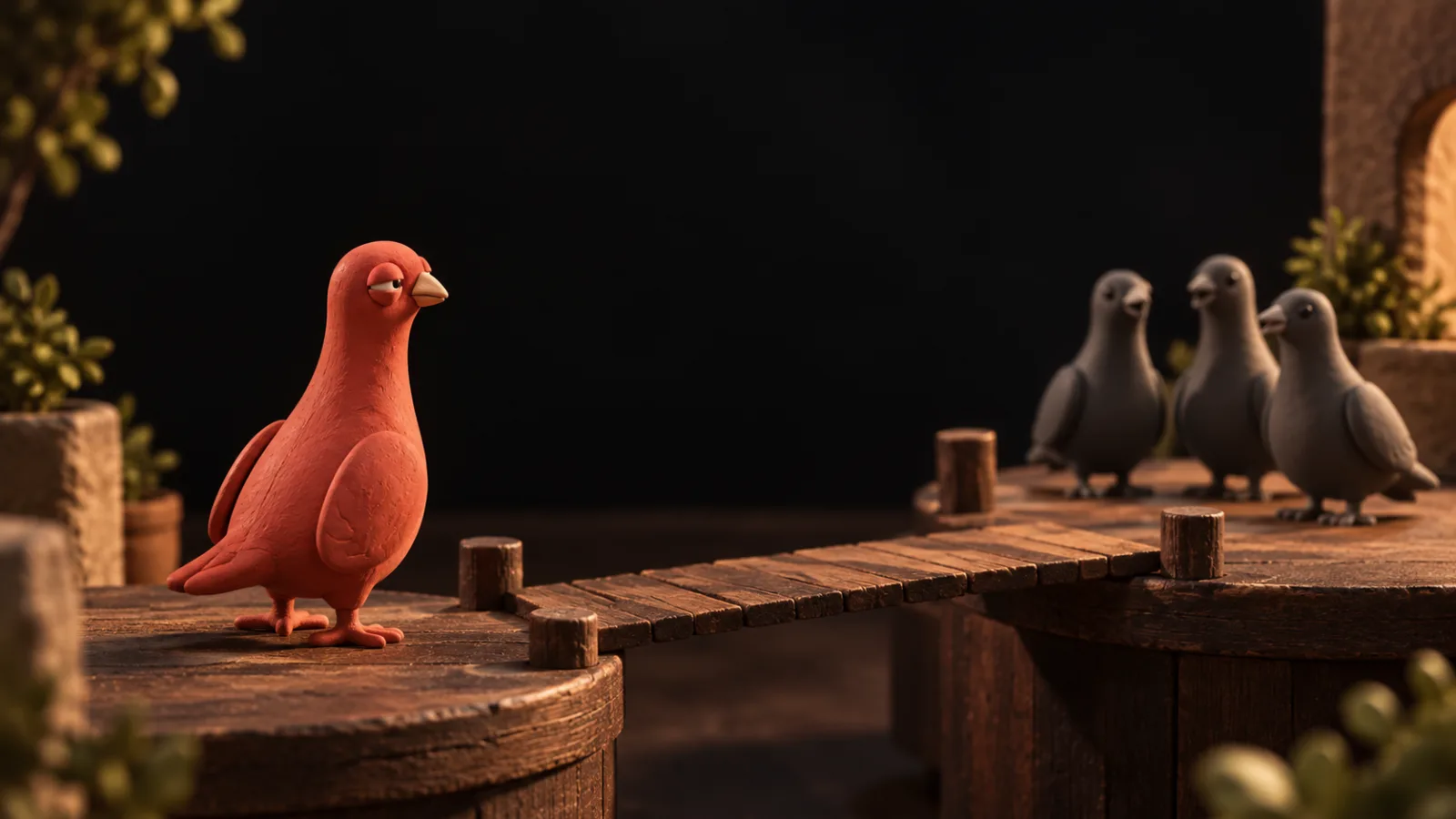 Pingo, the terracotta-red clay pigeon, stands beside a wooden footbridge leading to three gray clay pigeons on another platform.