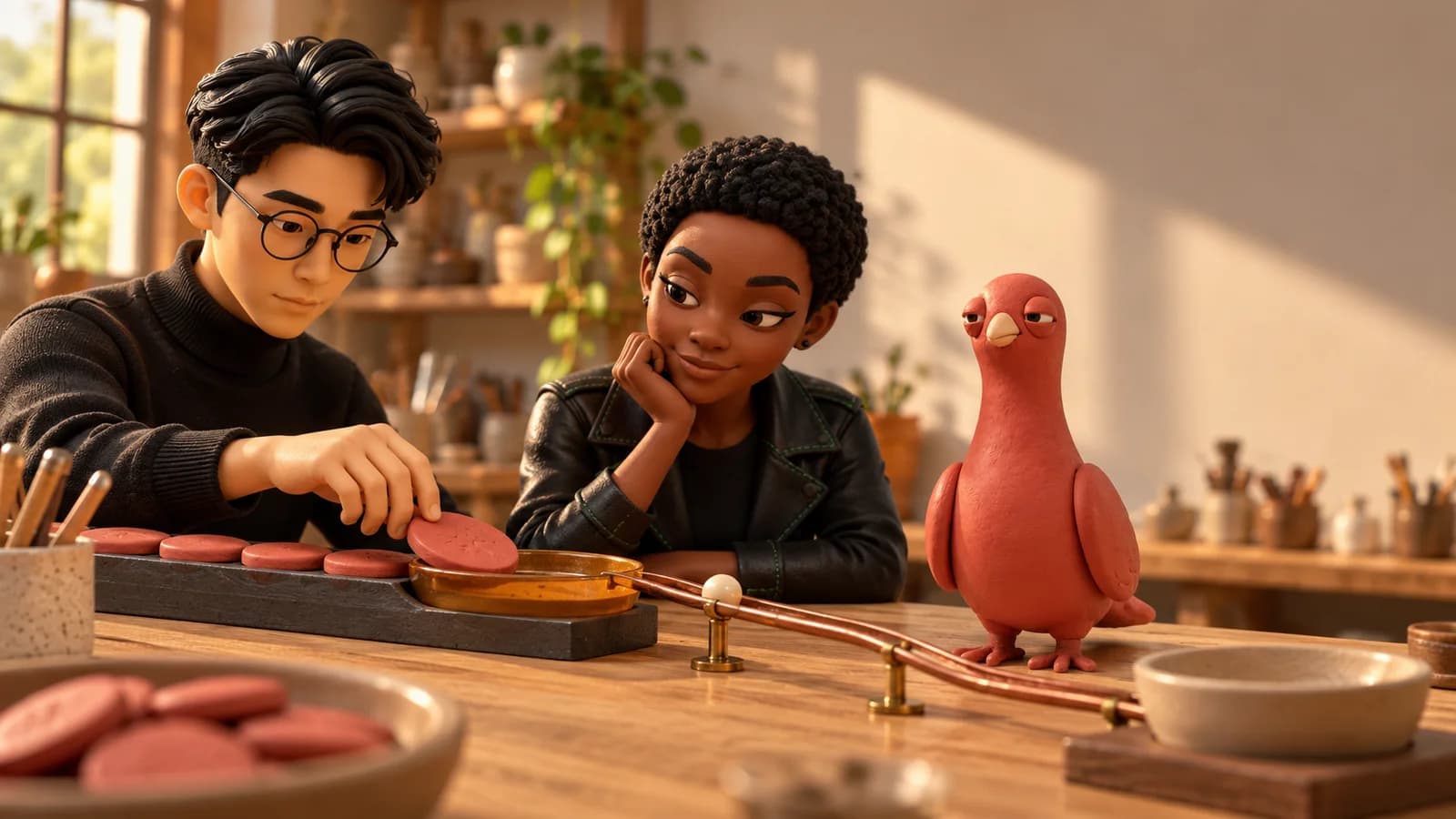 Two PingRoom avatars move one clay work token into a review dish while Pingo watches a single signal leave the workflow.