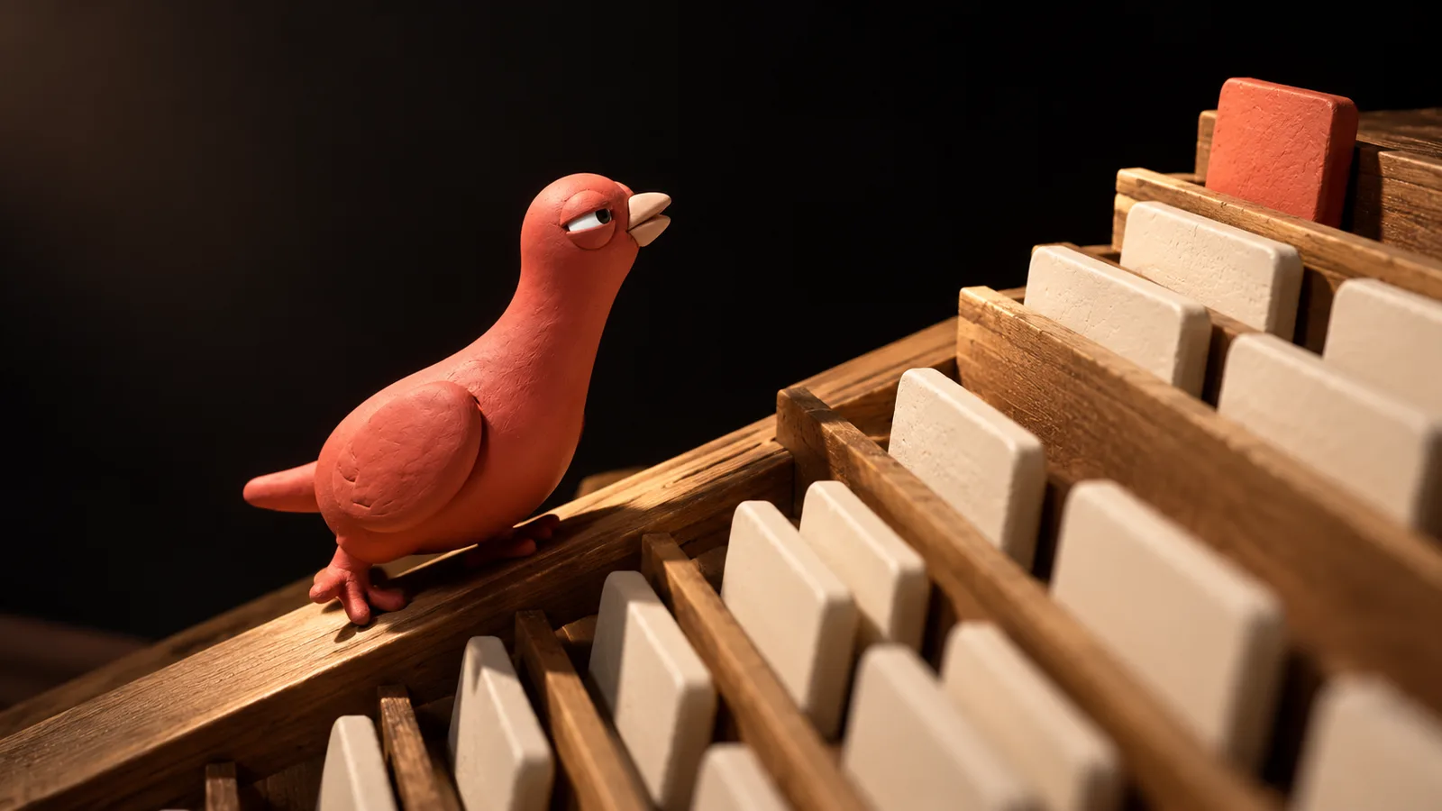 Pingo, the terracotta-red clay pigeon, climbs a wooden ramp toward one terracotta tile placed above rows of ivory tiles.