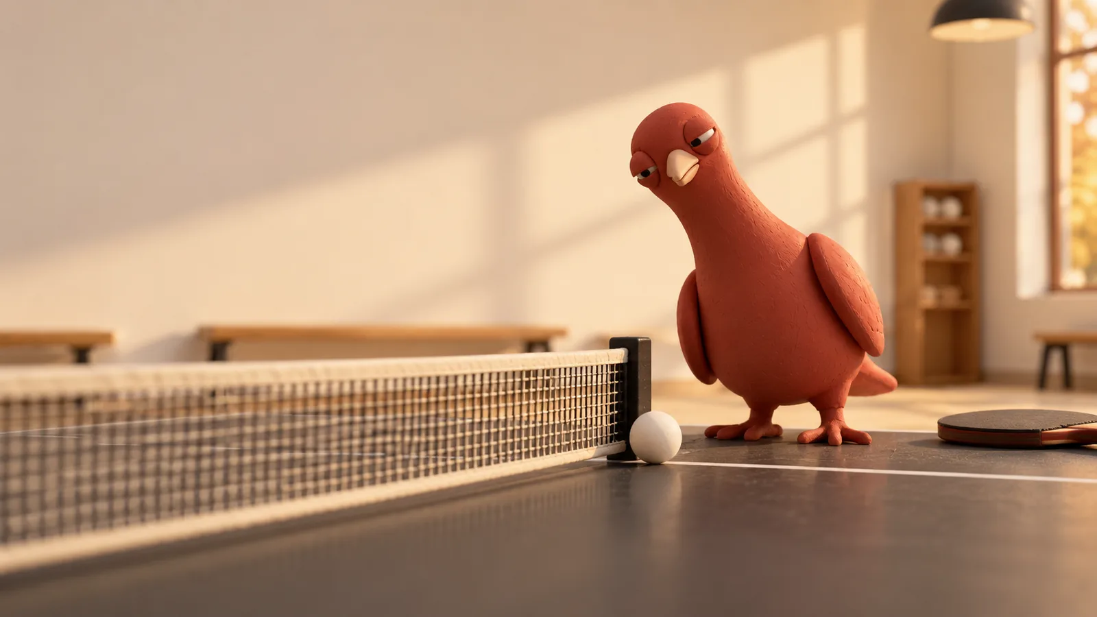 Pingo tilts his head toward a table-tennis ball beside the net on a charcoal table in a sunlit hall.