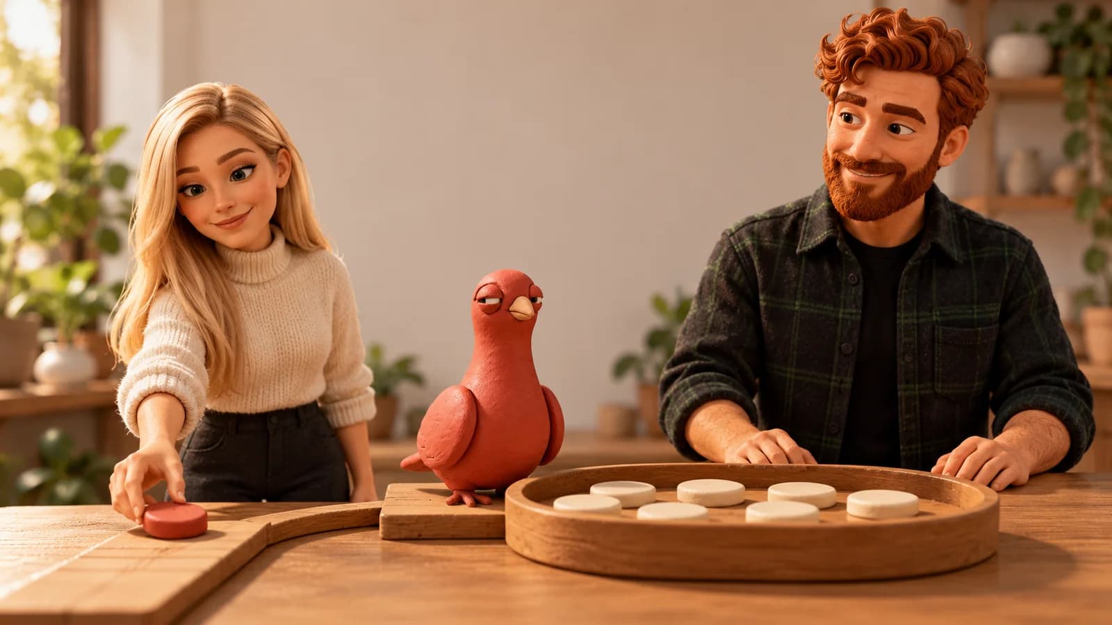 Two PingRoom avatars separate one member token from an intact wooden Room tray while Pingo watches.