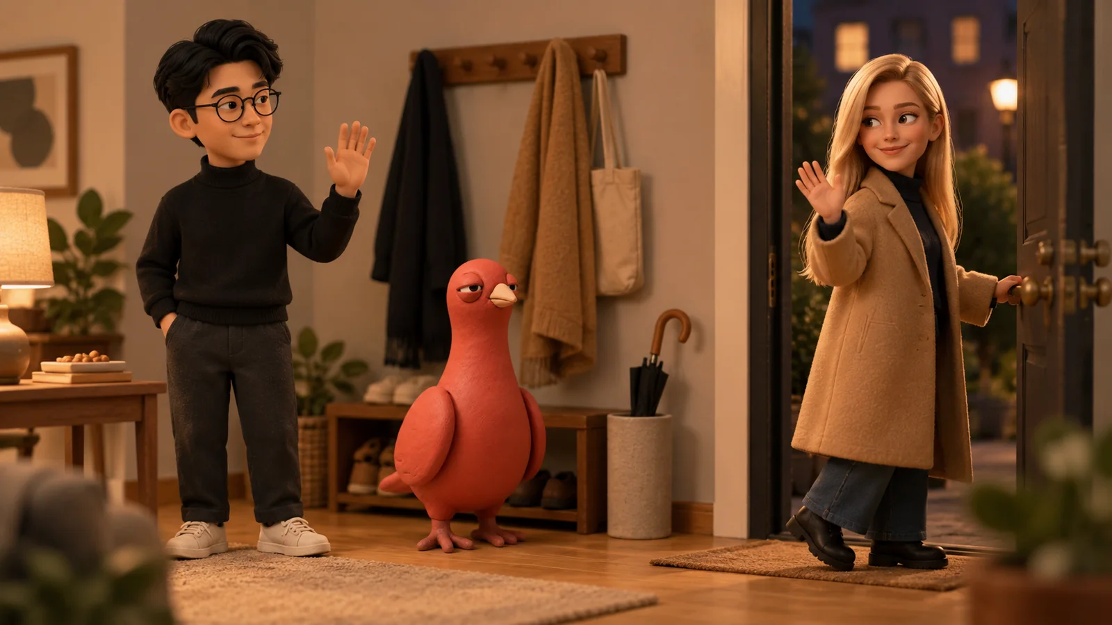 A friend in a coat says goodbye at an apartment doorway while another friend and Pingo wave from inside.