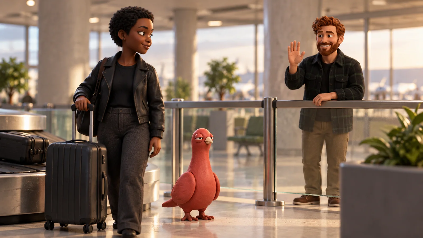A traveler waits by an airport baggage carousel while a family member and Pingo watch from the arrivals side.
