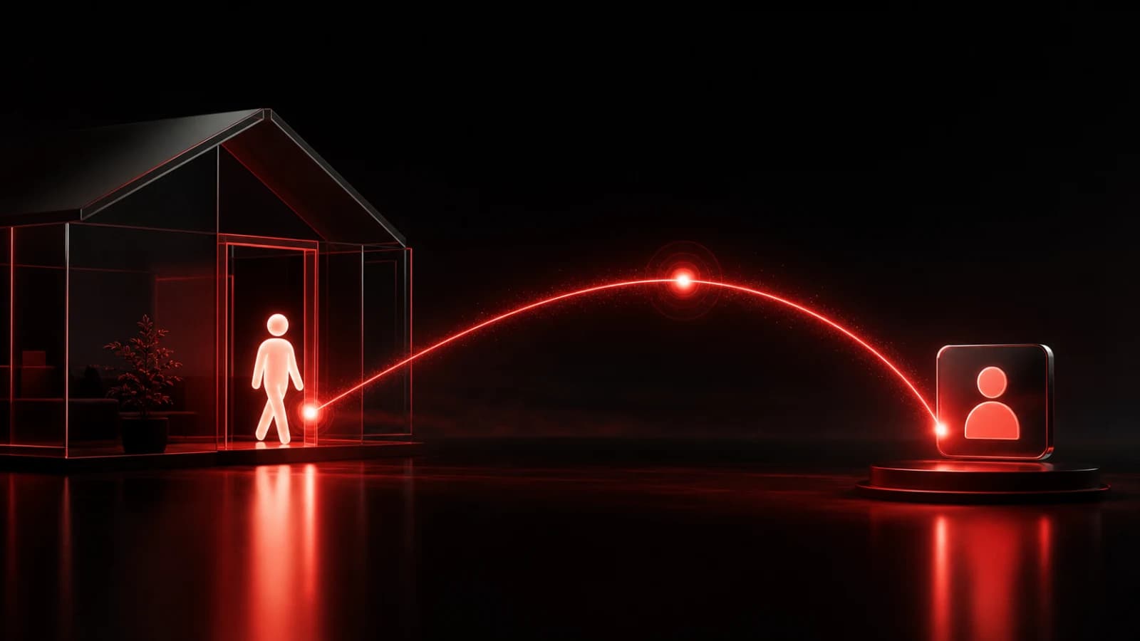 A person arriving through a glass house doorway sends a red confirmation to a trusted contact.