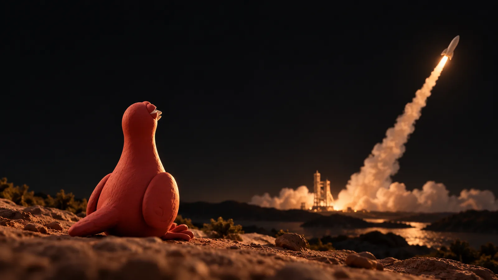 Pingo, the terracotta-red clay pigeon, sits with his back to the camera and watches a small unbranded rocket rise over a distant miniature launch site.