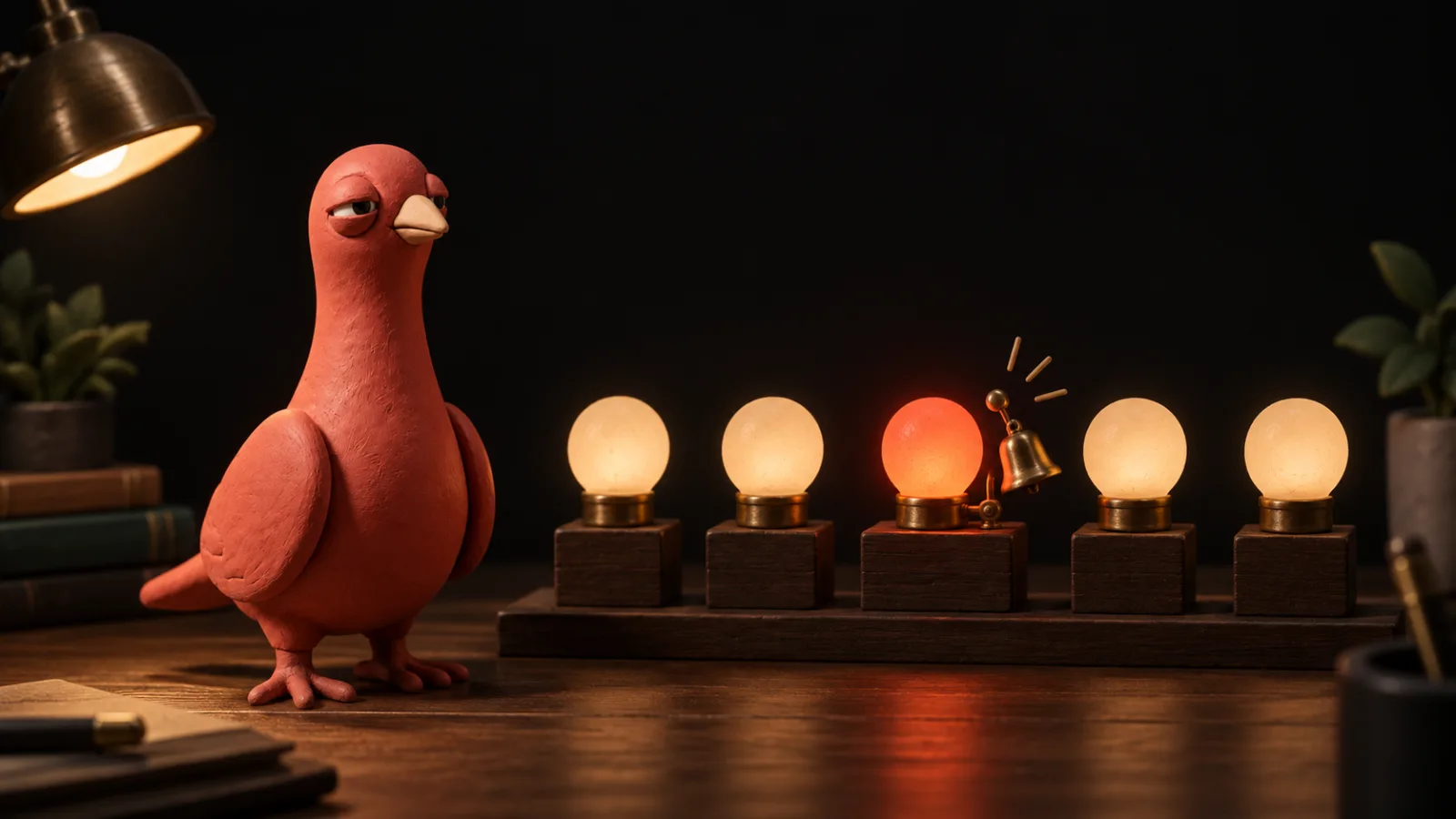 Pingo, the terracotta-red clay pigeon, watches one of five miniature signal lamps change and ring a small brass bell.