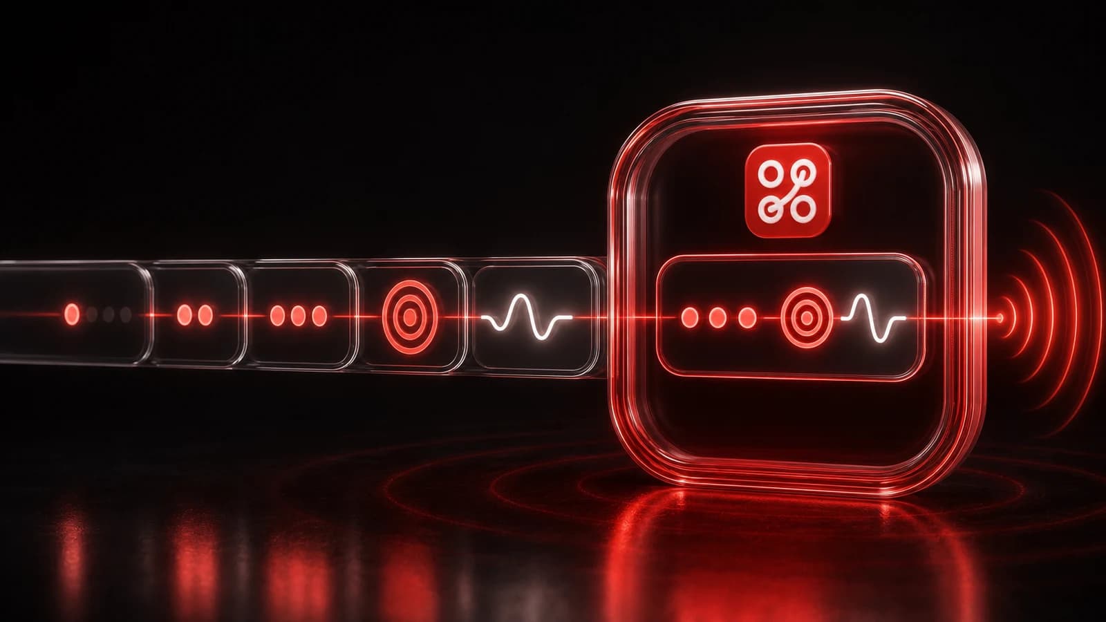 A glowing red live signal moving through a sequence of glass status cards into PingRoom.