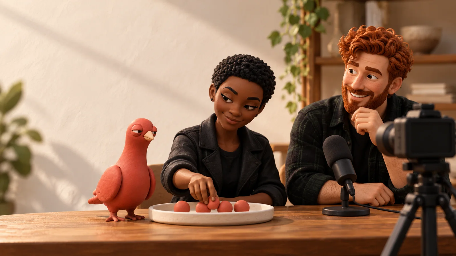 A producer arranges four terracotta cue tokens beside a host, camera, microphone, and Pingo in a miniature livestream studio.
