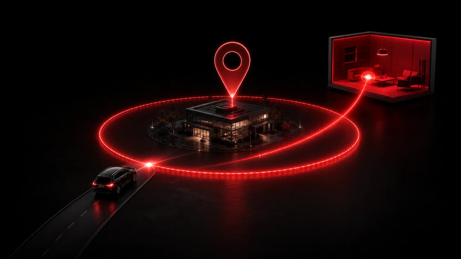 A translucent red geofence ring around a dark map marker and phone.