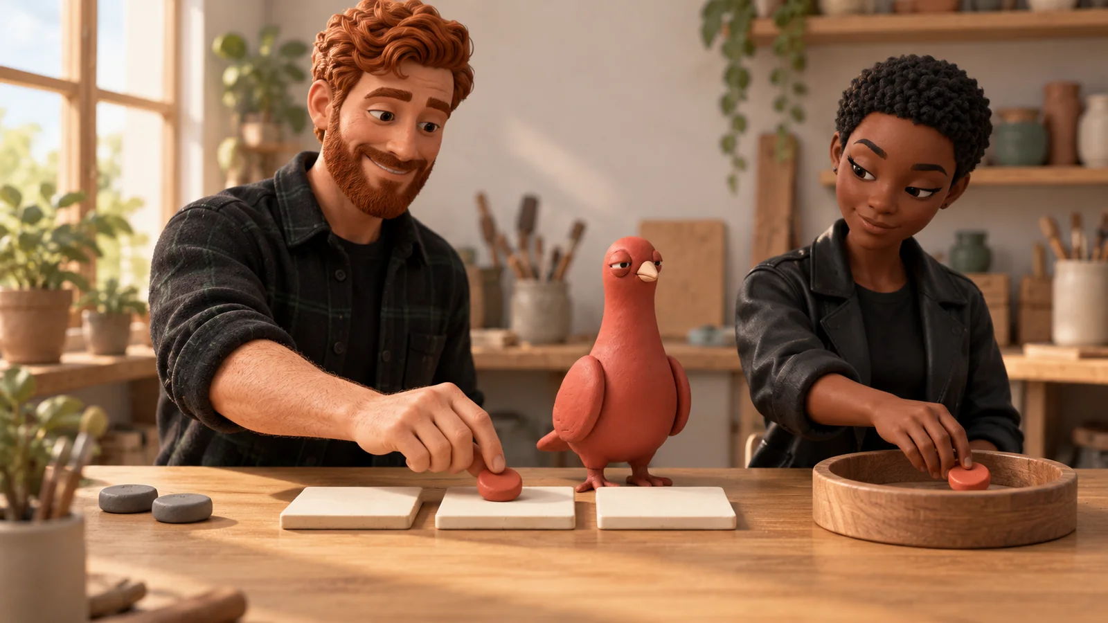 Two PingRoom avatars guide one red result token across blank workflow tiles into a shared wooden tray while Pingo watches.