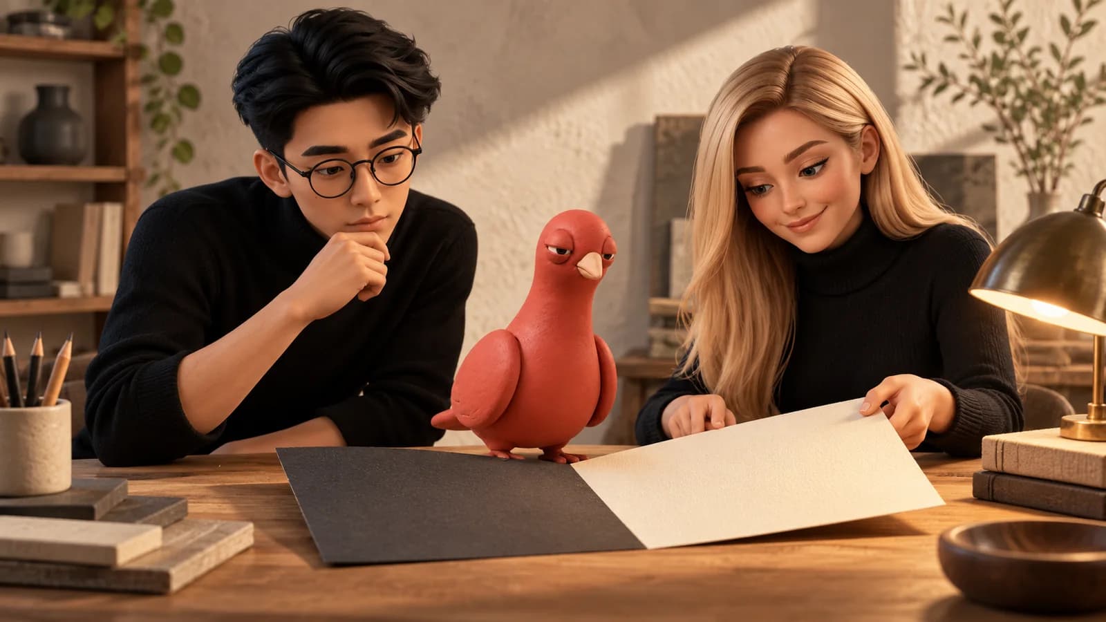 Two approved PingRoom avatars compare charcoal and ivory material cards at a miniature studio table while Pingo studies the contrast.
