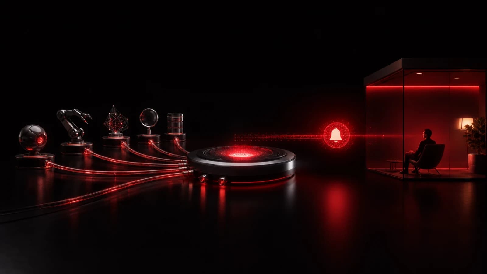 A modular AI tool connector routing a red signal into a human notification device.