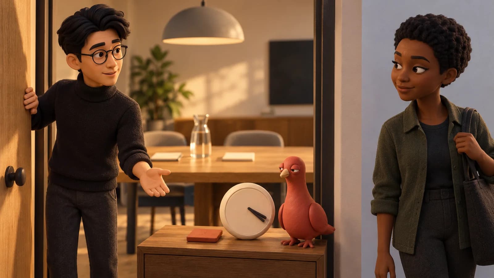 A meeting host opens a miniature workspace as a teammate arrives, while Pingo stands beside a late clock and a blank terracotta signal tile.