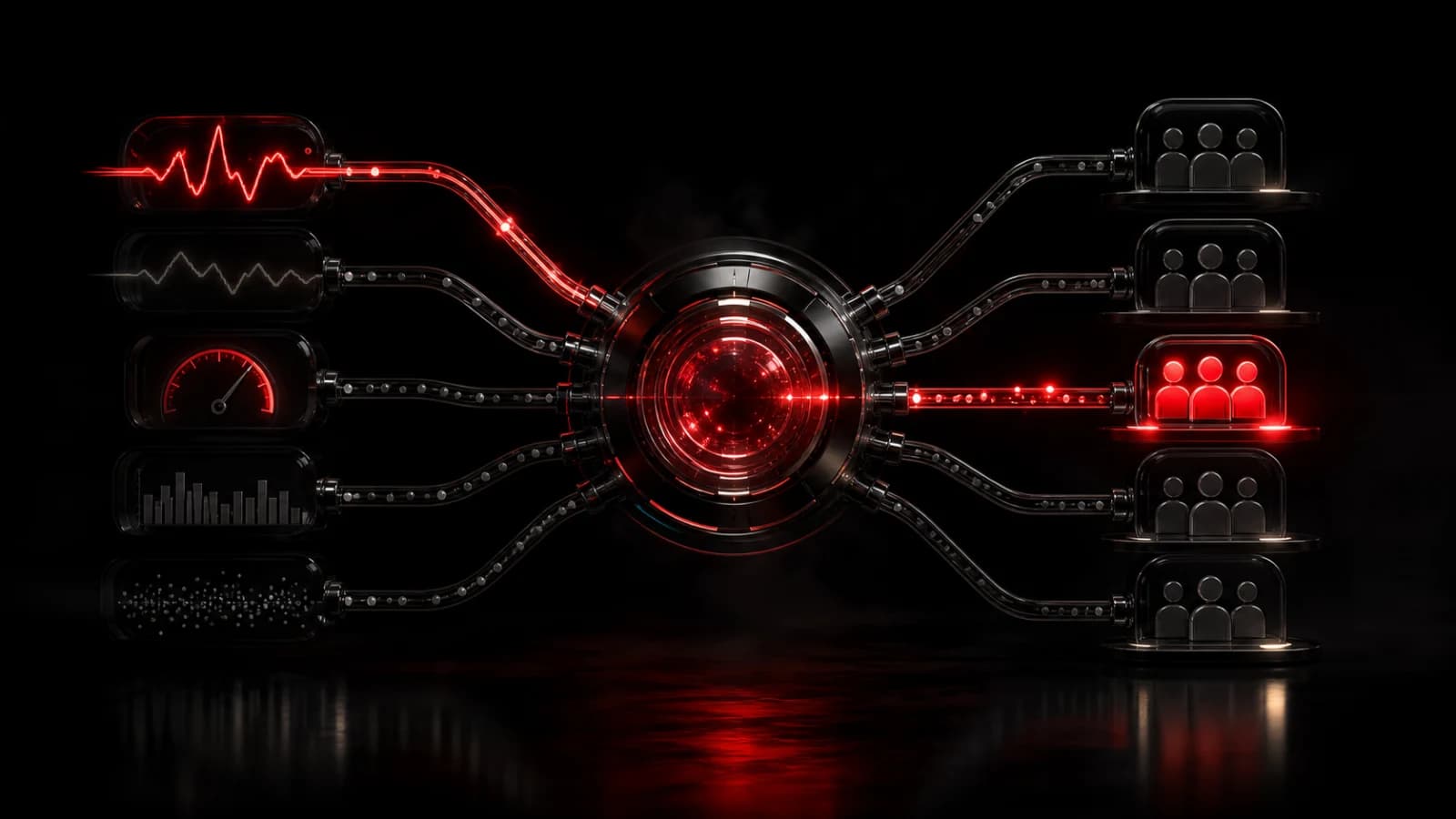 A monitoring grid routing one red anomaly toward the correct team cluster.