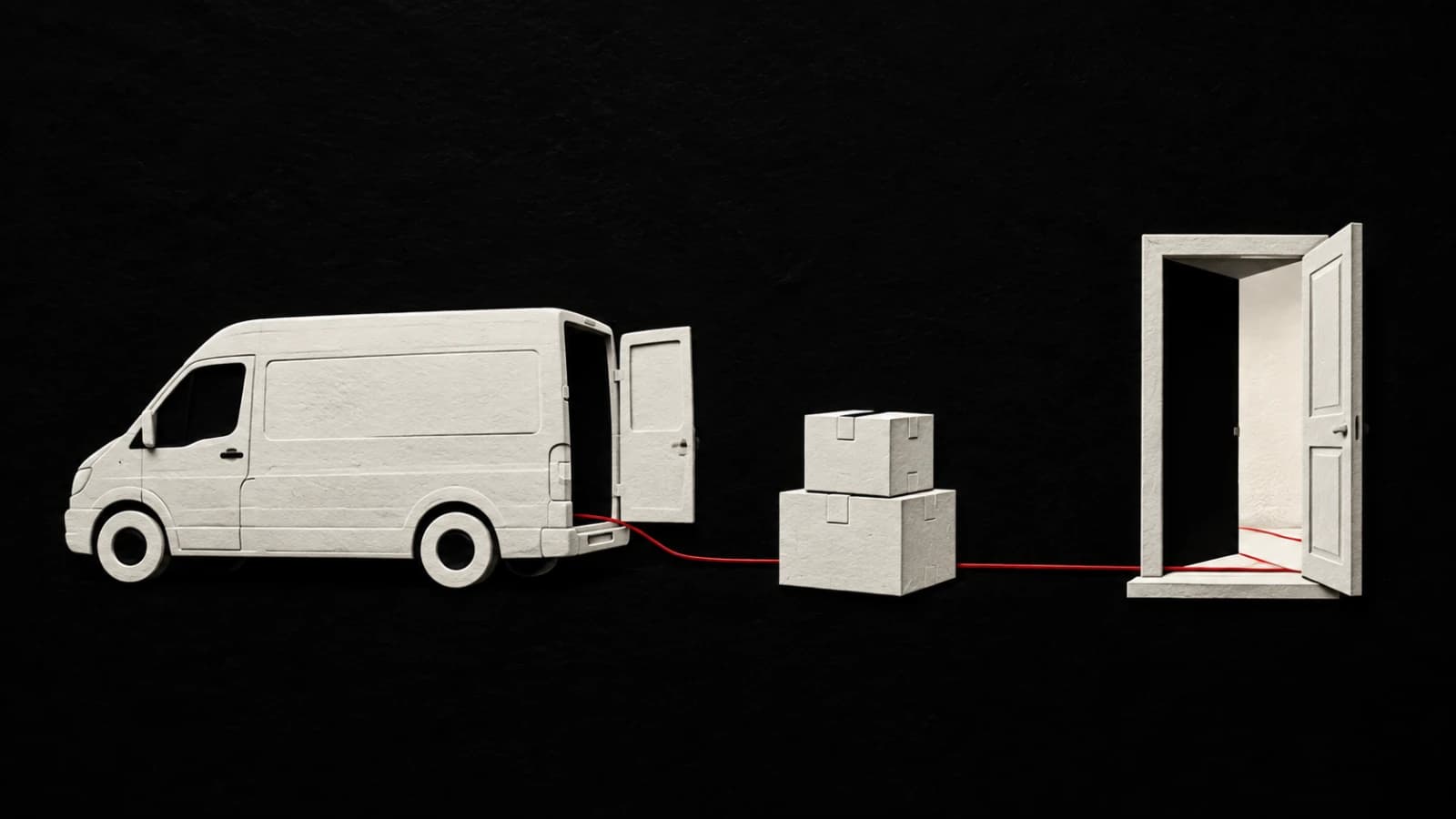 An ivory moving van and stacked boxes connected to an open doorway by a red path on a dark textured background.