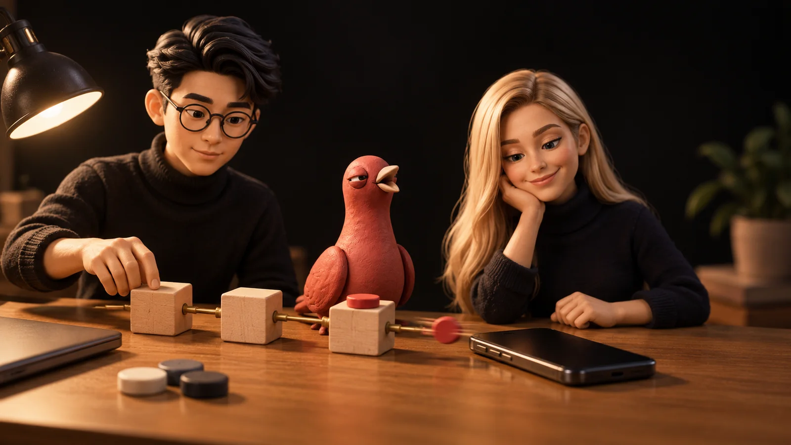 Two PingRoom avatars arrange wooden workflow blocks while Pingo stands beside the single red result token and a face-down phone.