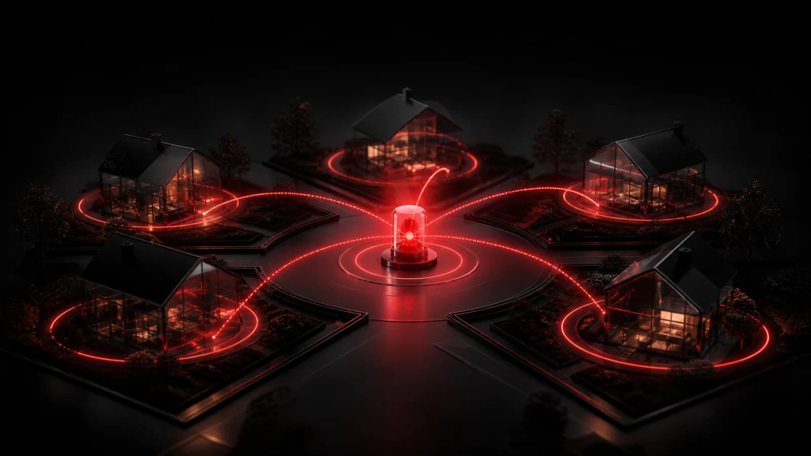 A cluster of dark homes connected around one red neighborhood beacon.