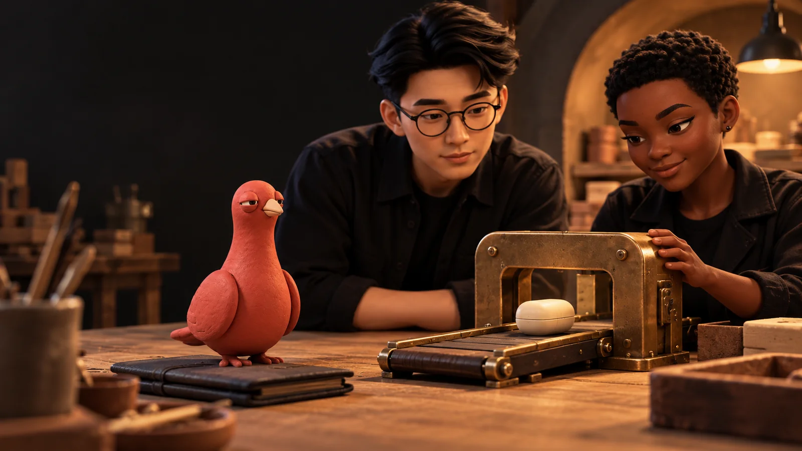 Two PingRoom avatars watch one sealed clay deploy capsule enter a warm production alcove while Pingo stands beside a closed folio.