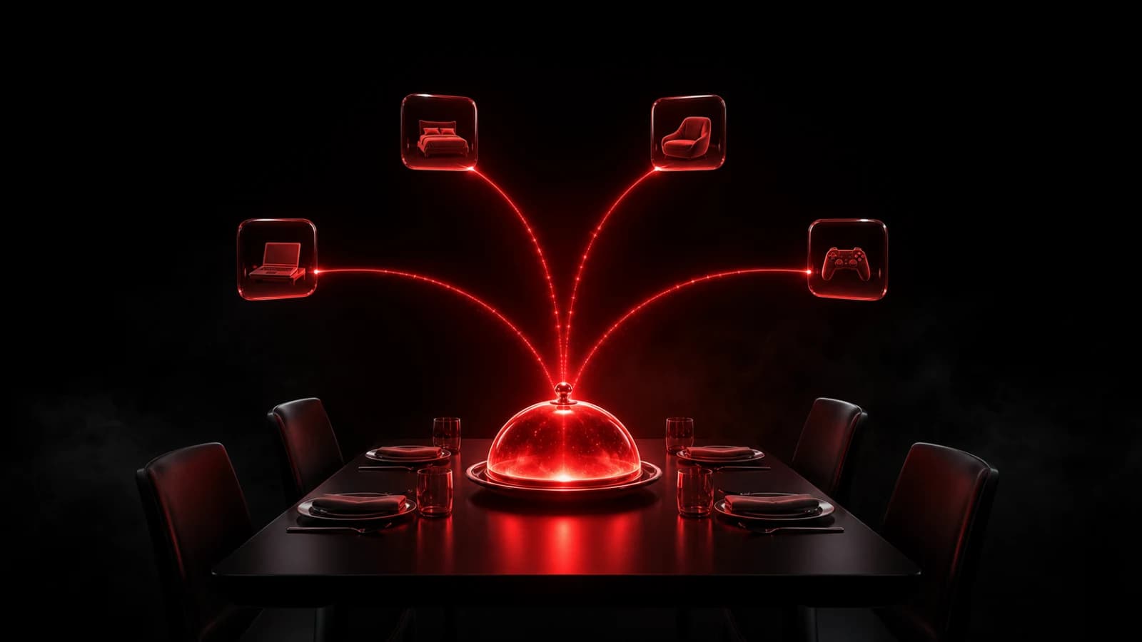 A glowing serving cloche on a family table sending red signals to rooms around the house.