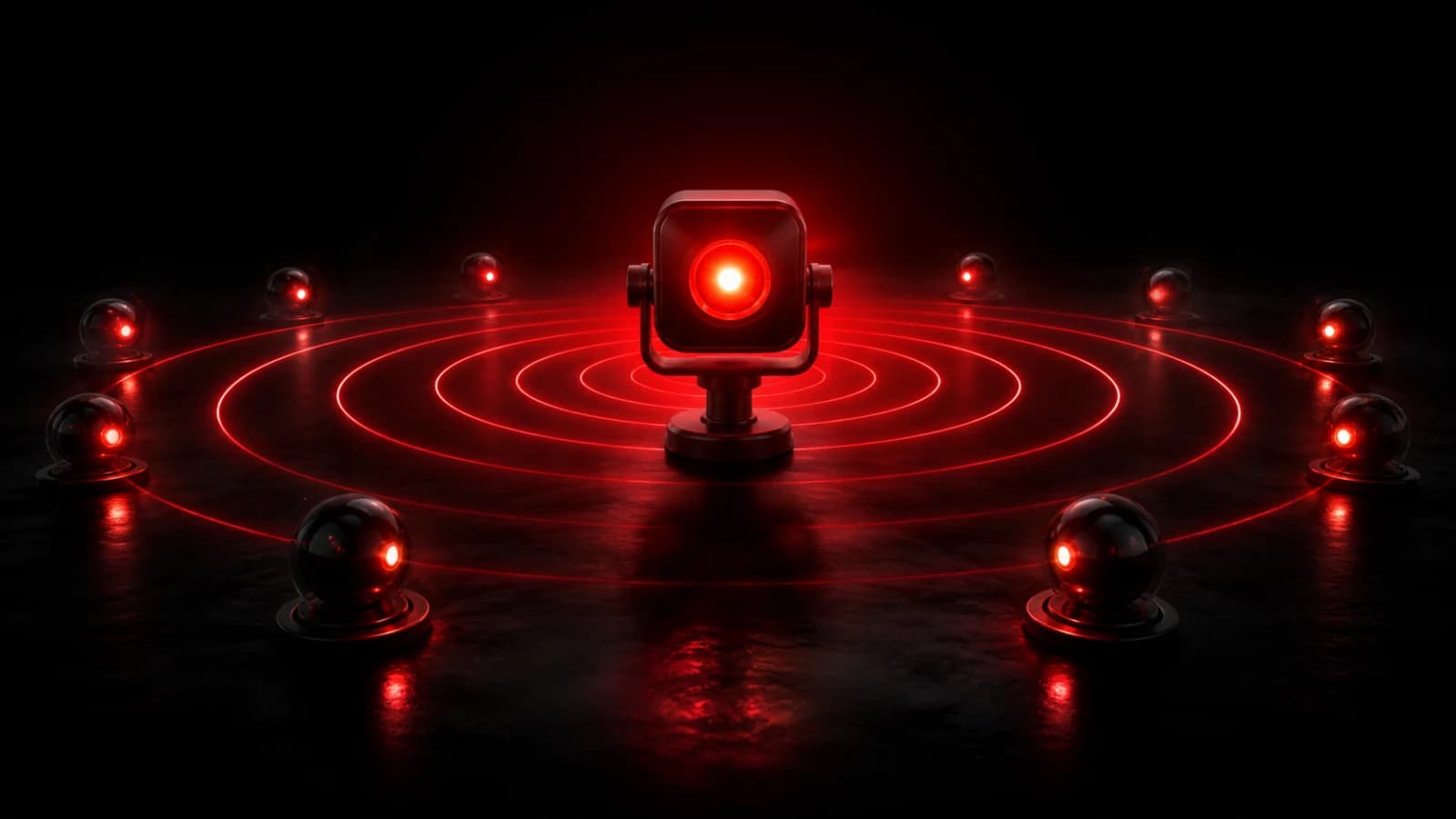 A creator camera lens igniting a vivid red broadcast pulse in darkness.