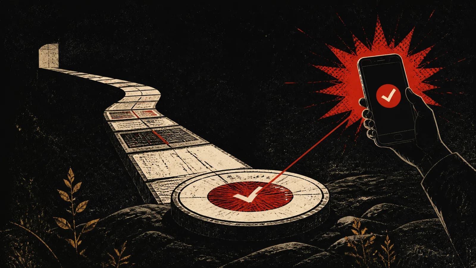 A long-running terminal process reaching completion and sending a red signal to a phone.