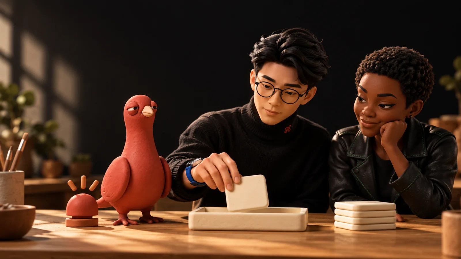 Two PingRoom avatars move a plain task tile into an ivory review tray while Pingo watches from the worktable.