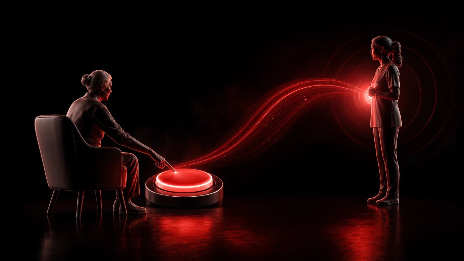 Two caring hands around a simple red alert control in a dark studio.