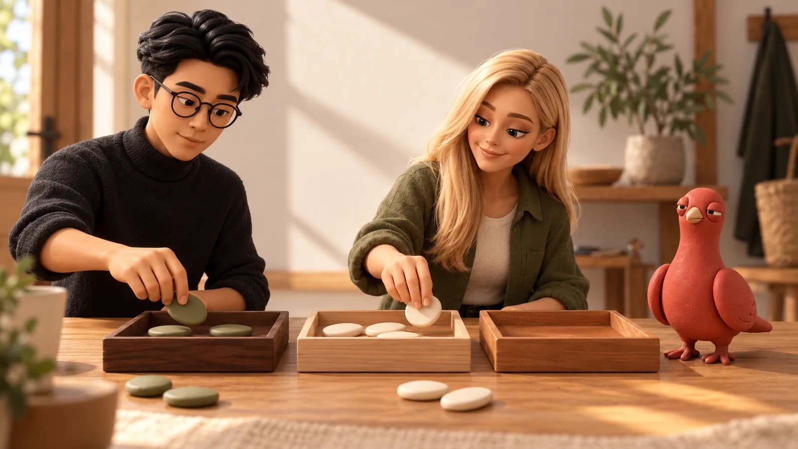 Two PingRoom avatars sort blank clay tokens into three wooden trays while Pingo watches at a warm miniature table.