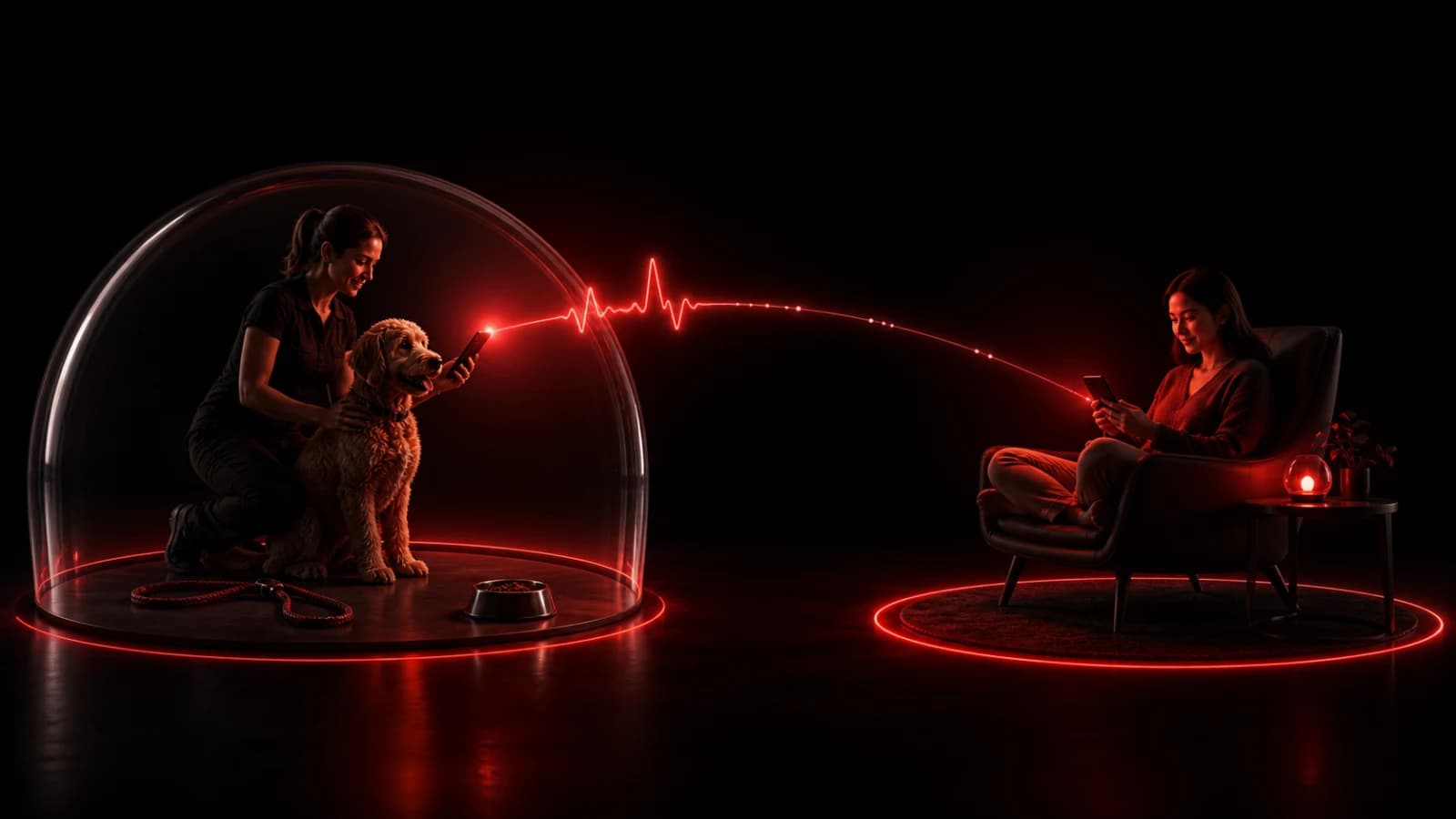 A pet collar and food bowl highlighted by a warm red notification pulse.
