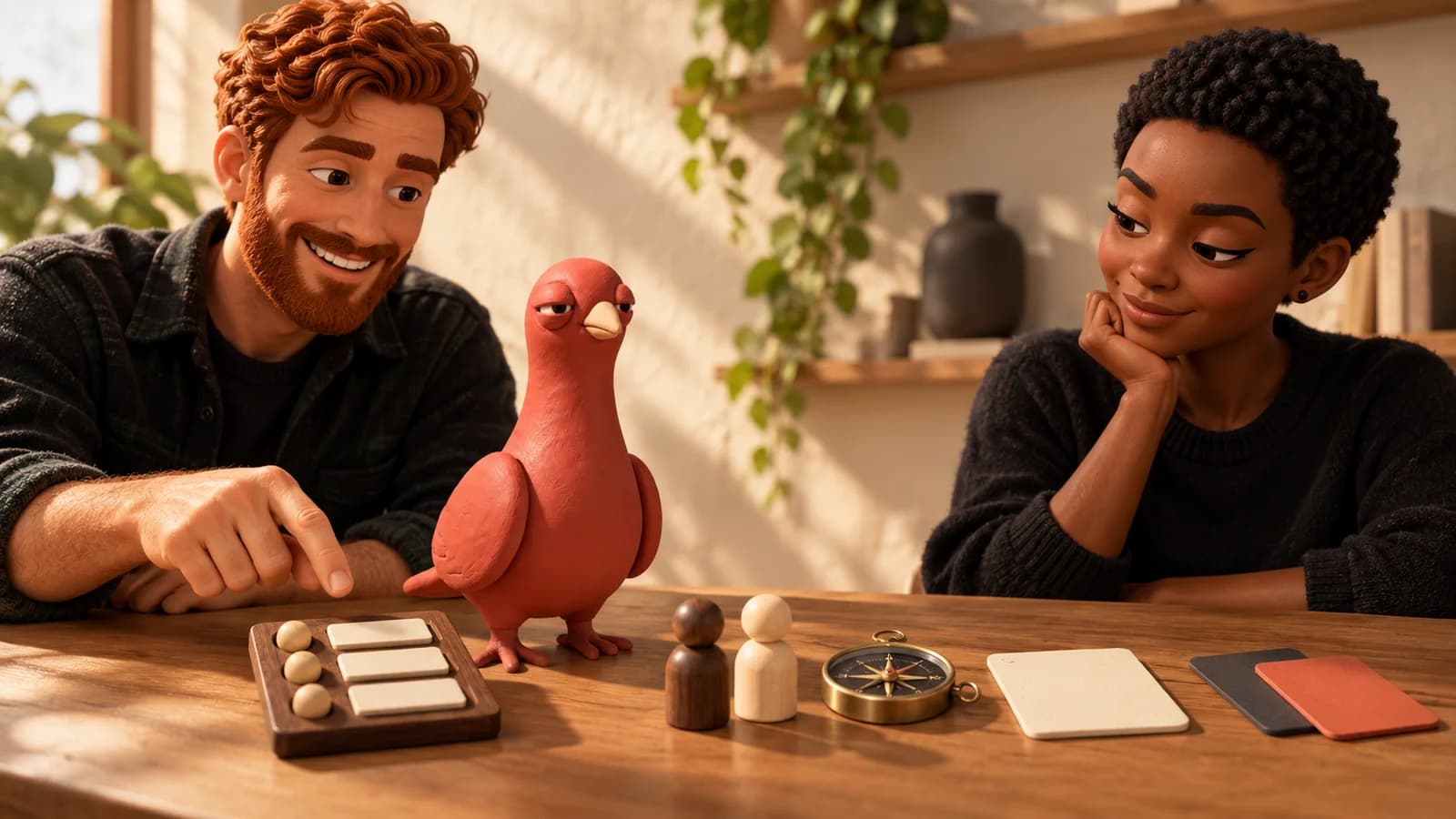 Two approved PingRoom avatars arrange five tactile release objects on a miniature studio table while Pingo inspects the checklist tray.