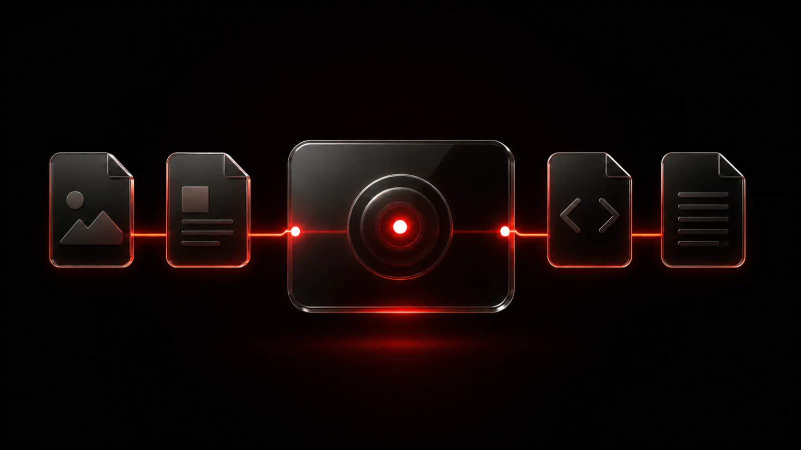 Four private file tiles connected by a red signal line to one central Ping card on a dark background.