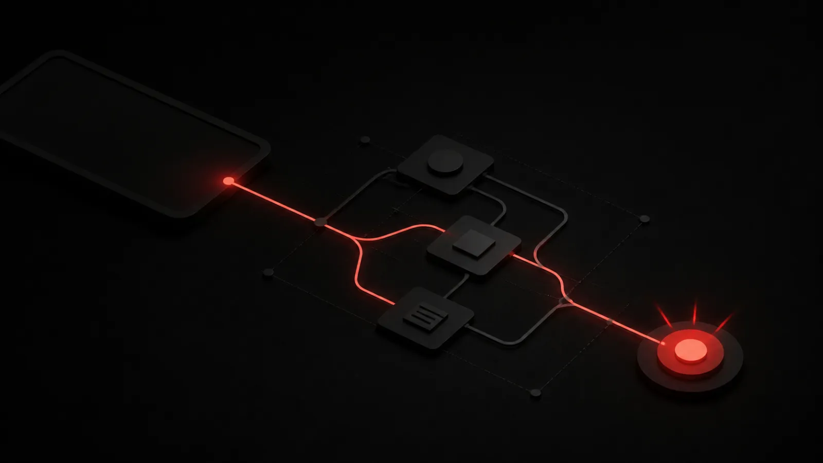A red signal travels from a phone through connected automation paths and ends at an illuminated action button.