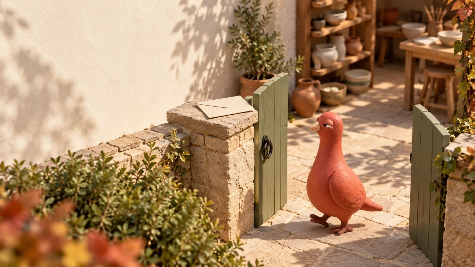 Pingo steps through an open sage-green gate into a sunlit pottery courtyard, beside a blank envelope on a stone gatepost.