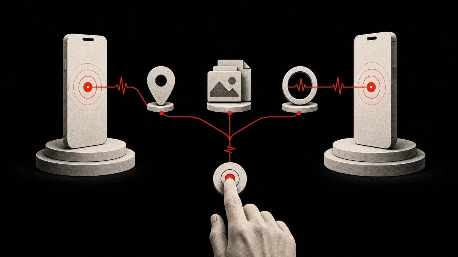 A finger sends one red signal from a central control to two sculptural phones, representing PingRoom 1.5 on iPhone and Android.