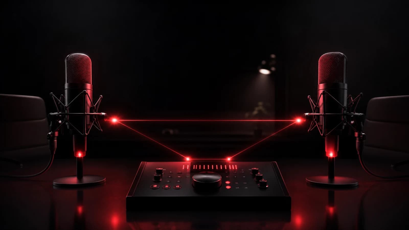 A studio microphone and headphones crossed by a quiet red cue light.