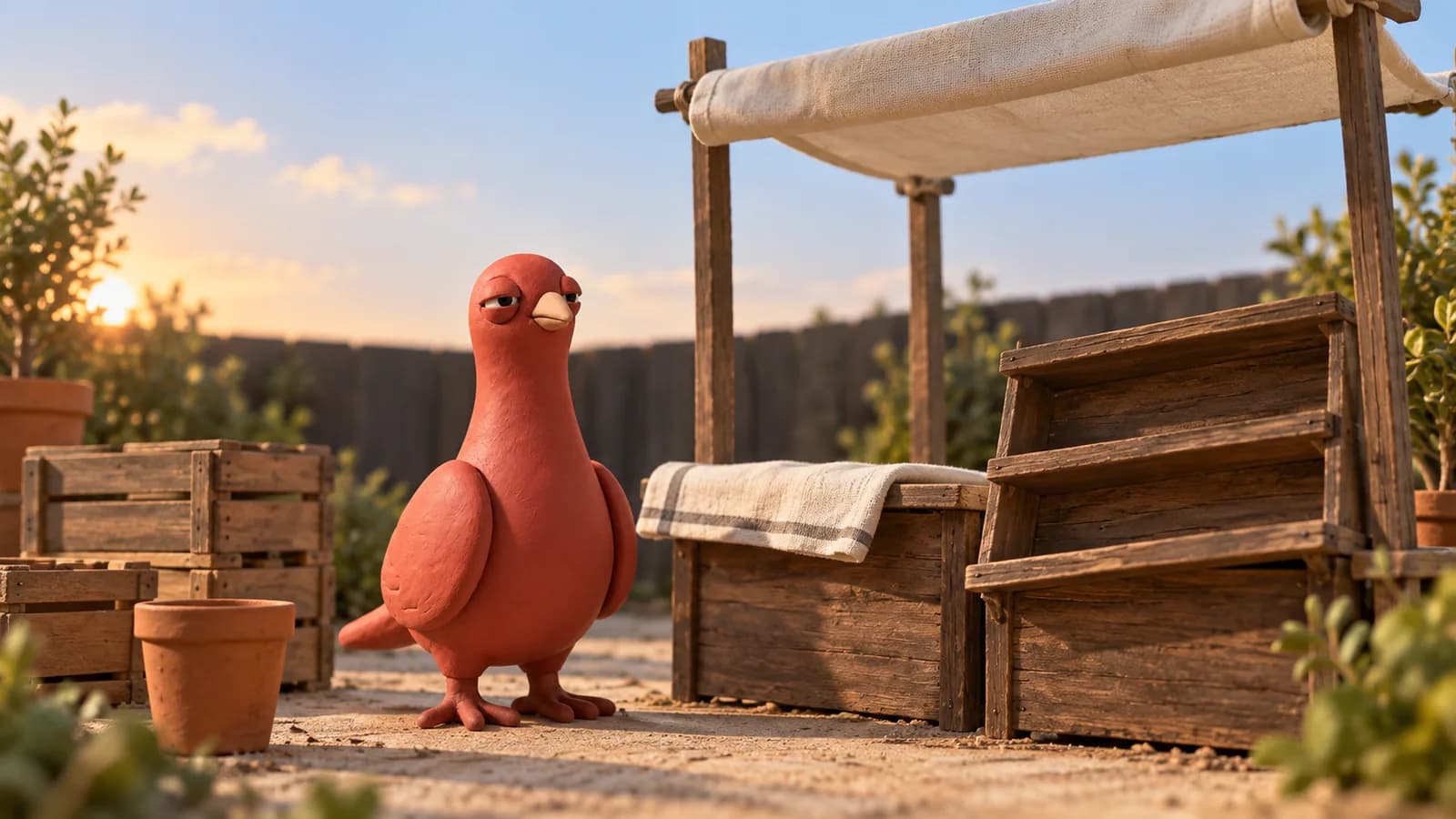 Pingo the Pigeon stands beside an unfinished wooden market stall, stacked crates, empty terracotta pots, and a rolled canvas awning.