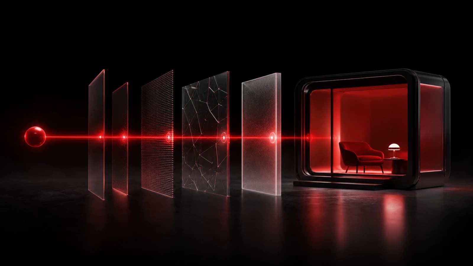 A red notification pulse protected inside layered smoked-glass privacy shields.