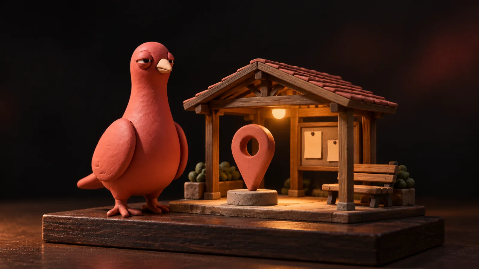 Pingo, the terracotta-red clay pigeon, stands beside a miniature community pavilion with one location marker fixed to its base.