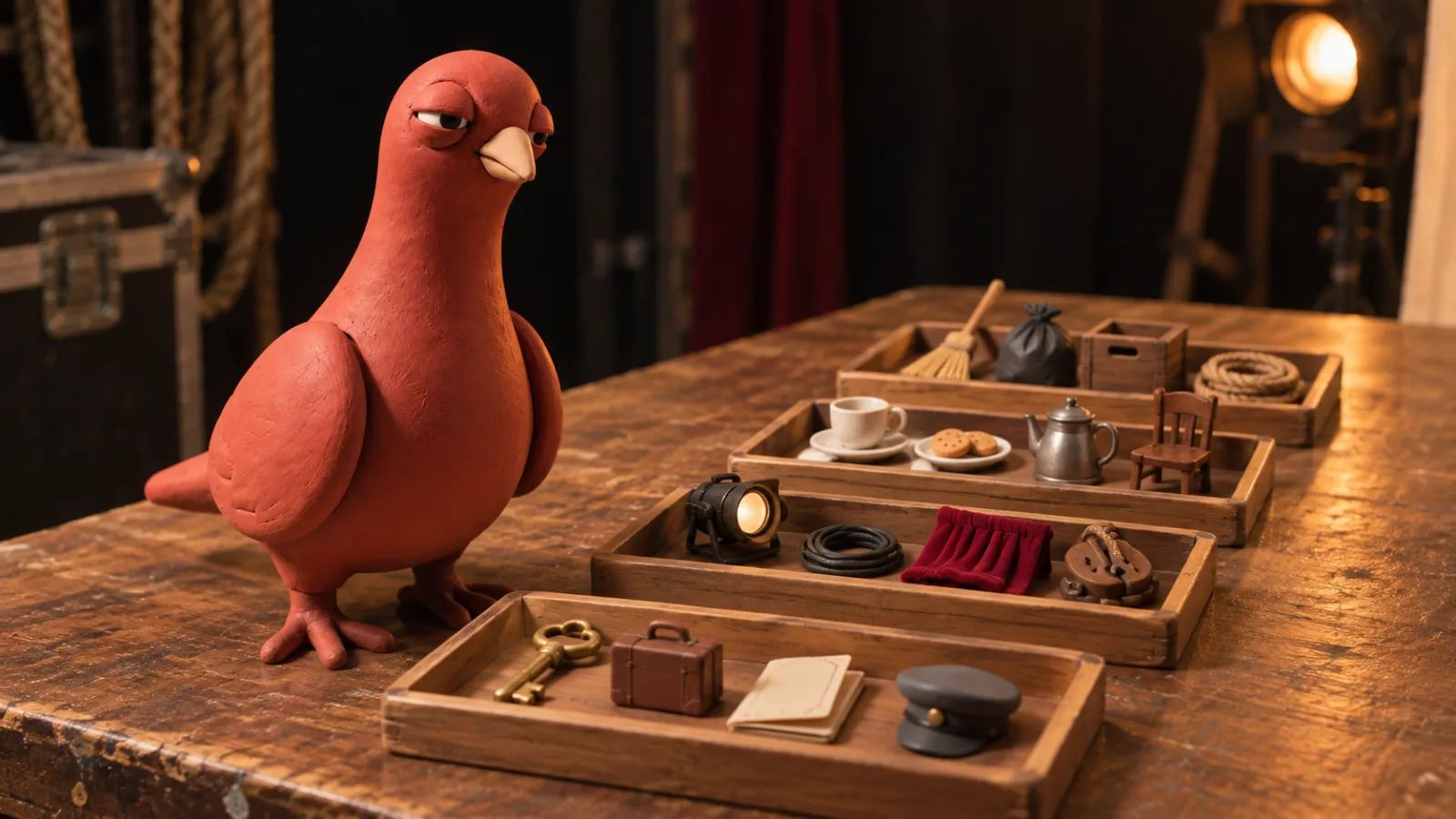 Pingo, the terracotta-red clay pigeon, stands beside four wooden trays filled with miniature backstage props.