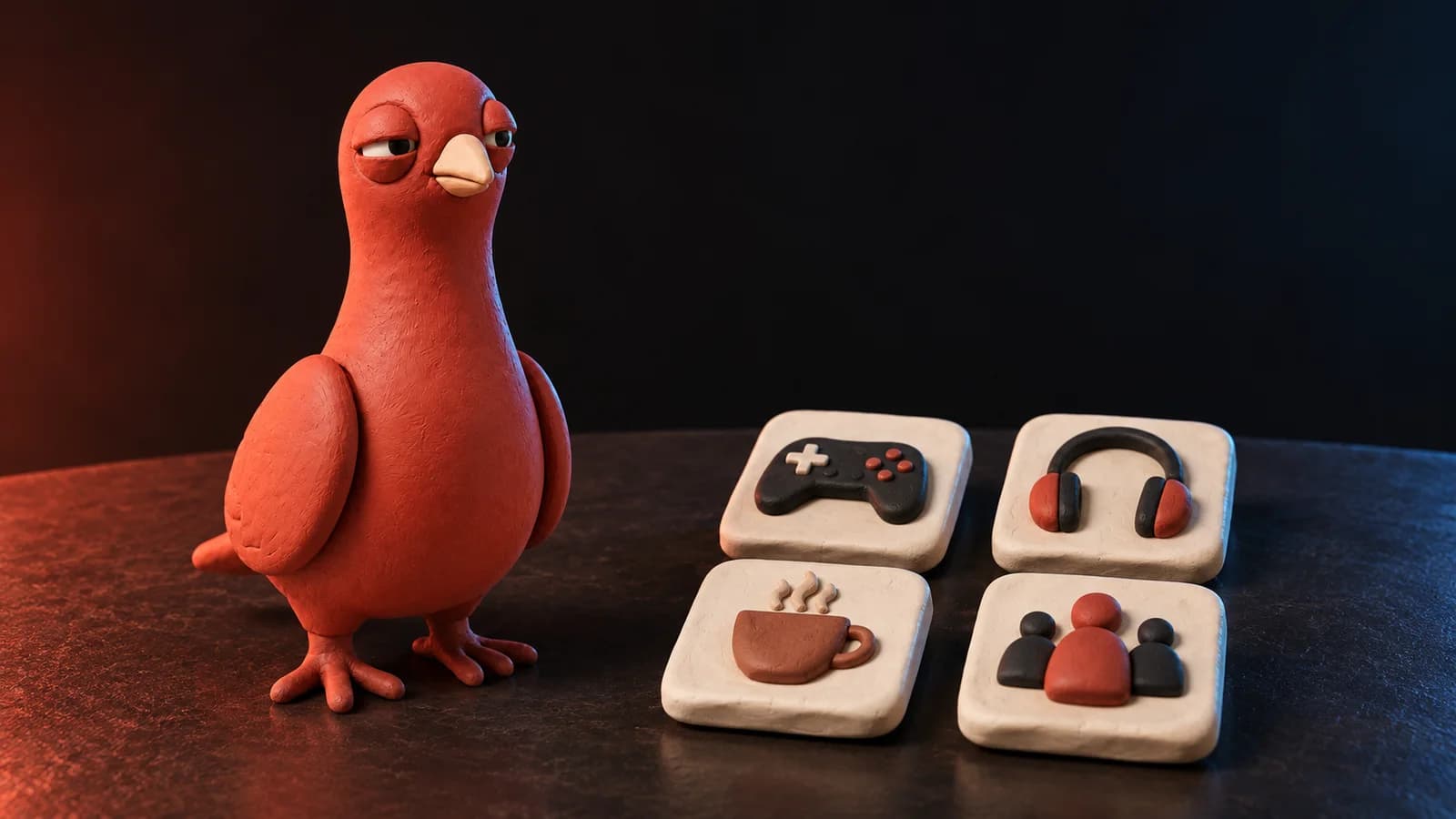 Pingo the Pigeon beside four handmade clay tiles showing a game controller, headphones, a coffee cup, and a group of people.