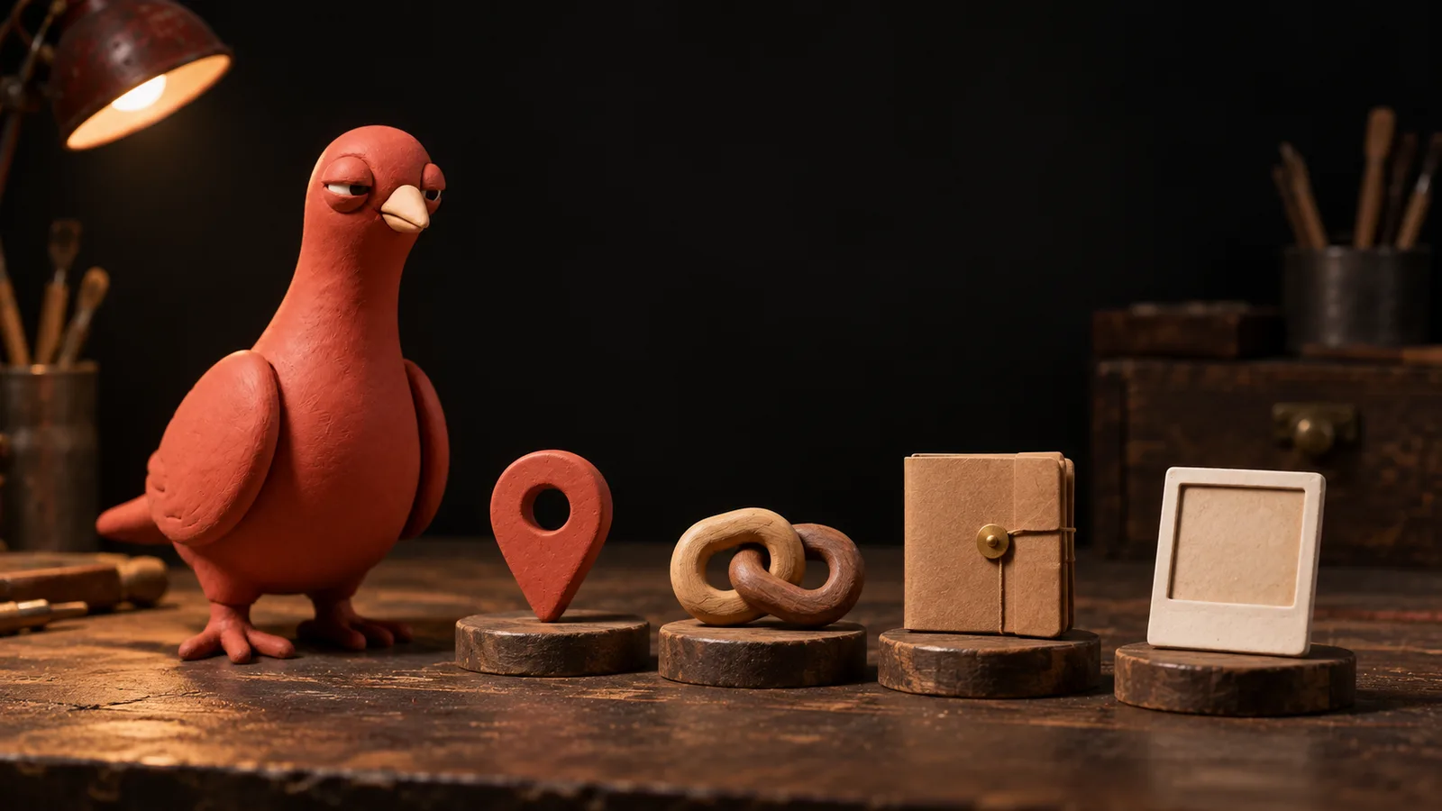 Pingo, the terracotta-red clay pigeon, studies four miniature stations holding a location marker, chain links, a file folio, and a blank photo tile.