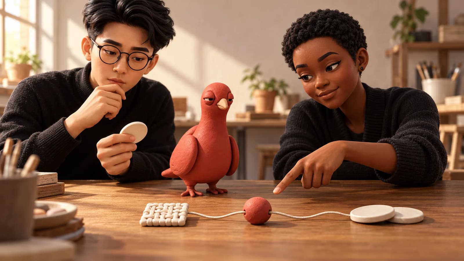 Two approved PingRoom avatars review a three-stage path of blank wooden tokens while Pingo watches from the edge of the miniature table.