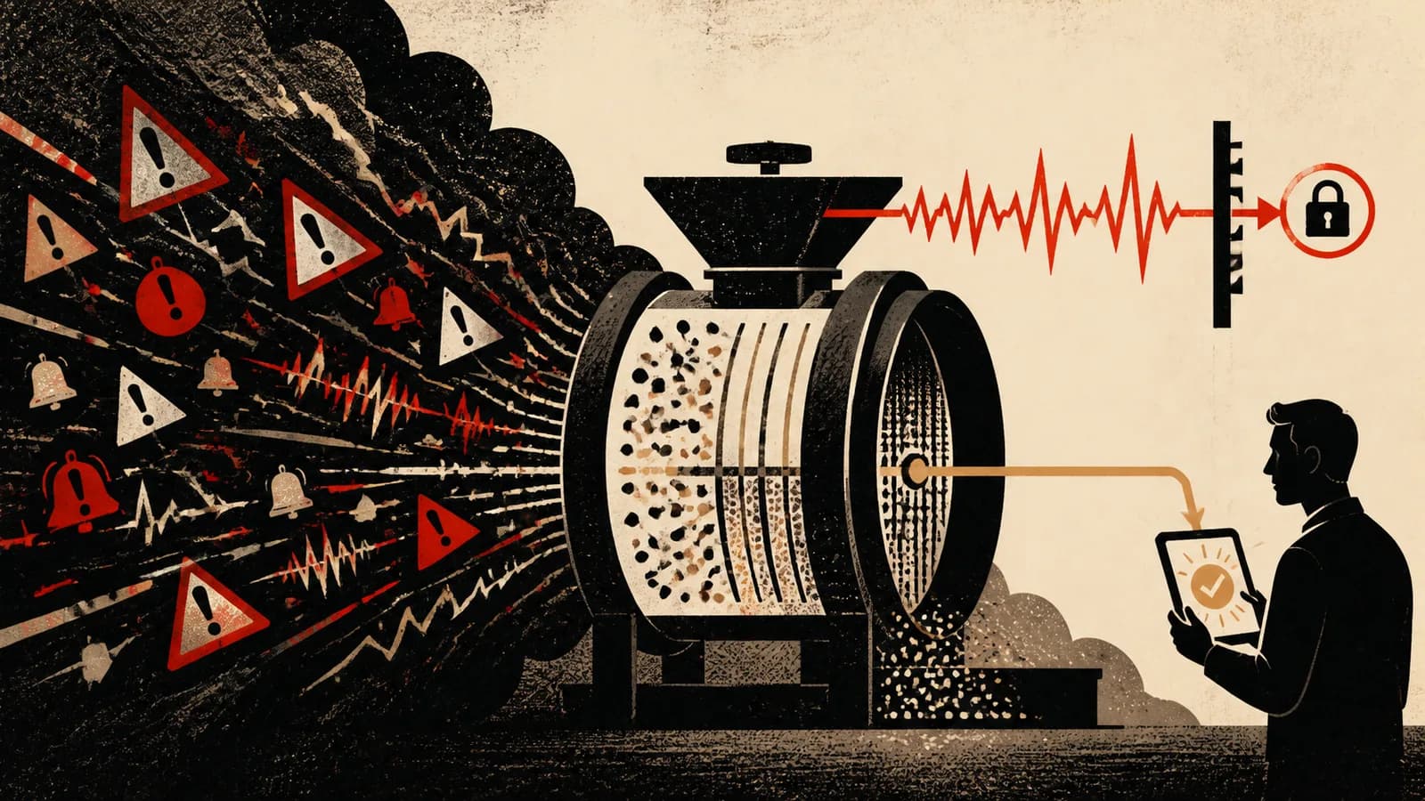 Many dim workplace alerts being filtered into one clear red signal for the responsible team.